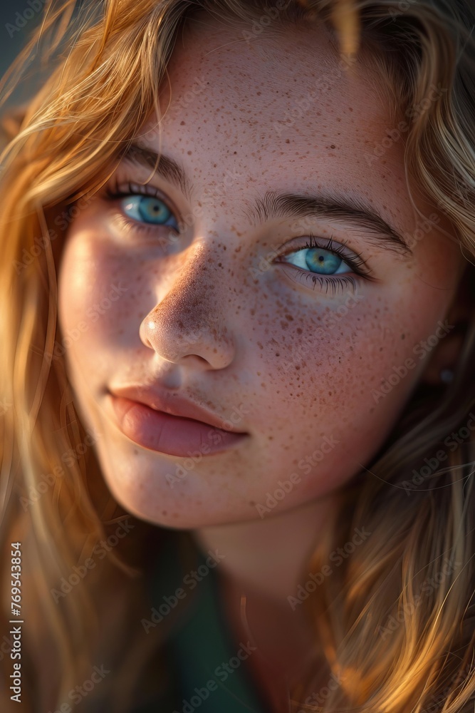 Detailed hyperrealistic portrait a gorgeous very chubby teenager woman, downturned deep blue round eyes, freckles, sunset light, tanned skin texture, blonde hair, blushing chee Detailed hyperrealistic portrait a gorgeous very chubby teenager woman, downturned deep blue round eyes, freckles, sunset light, tanned skin texture, blonde hair, blushing chee