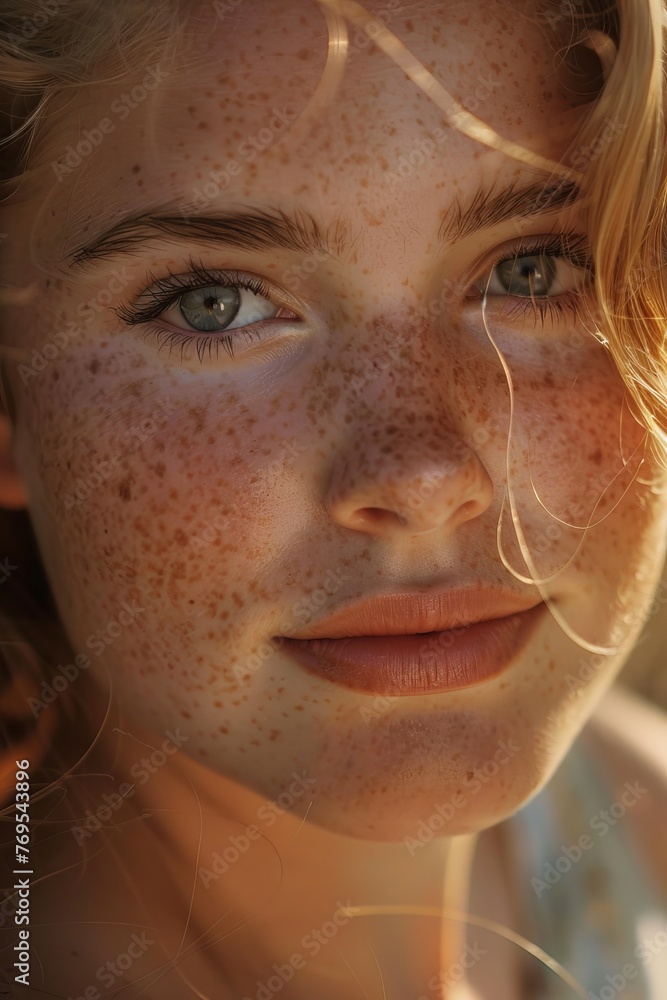 Detailed hyperrealistic portrait a gorgeous very chubby teenager woman, downturned deep blue round eyes, freckles, sunset light, tanned skin texture, blonde hair, blushing cheeks, chapped f Detailed hyperrealistic portrait a gorgeous very chubby teenager woman, downturned deep blue round eyes, freckles, sunset light, tanned skin texture, blonde hair, blushing cheeks, chapped f