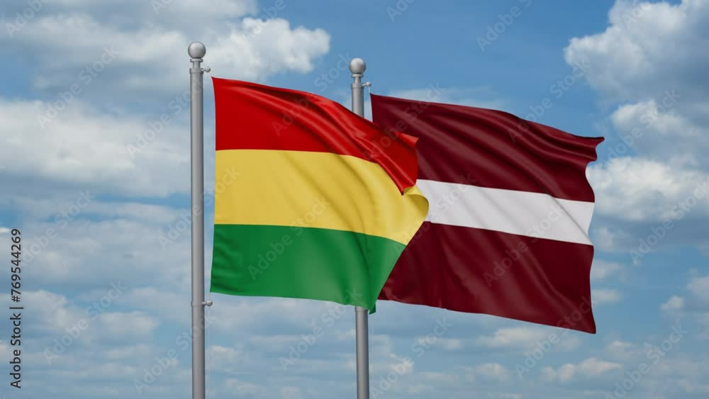 Latvia and Bolivia two flags waving together, looped video, two country cooperation concept Latvia and Bolivia two flags waving together, looped video, two country cooperation concept