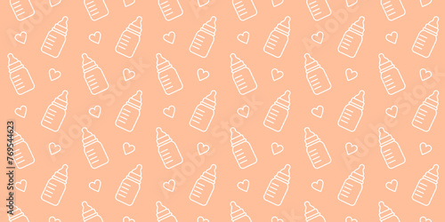 Seamless pattern with baby bottles for milk and food. Child nutrition, drink for infants and newborn kids in bottles, cute vector outline background with hearts