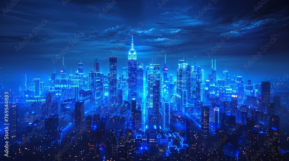 Electric blue outlines shape a dynamic cityscape against the night sky.