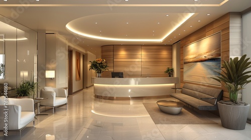 a dental clinic's lobby of sleek design, comfortable seating, vibrant artwork, and welcoming ambiance. Reflect professionalism and comfort in every detail