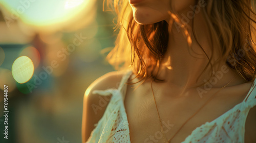Sunset Glow: Close-Up of Woman's Shoulder Revealing Goosebumps in the Warm Sunlight