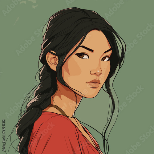 A mysterious figure with dark braided hair and a red top