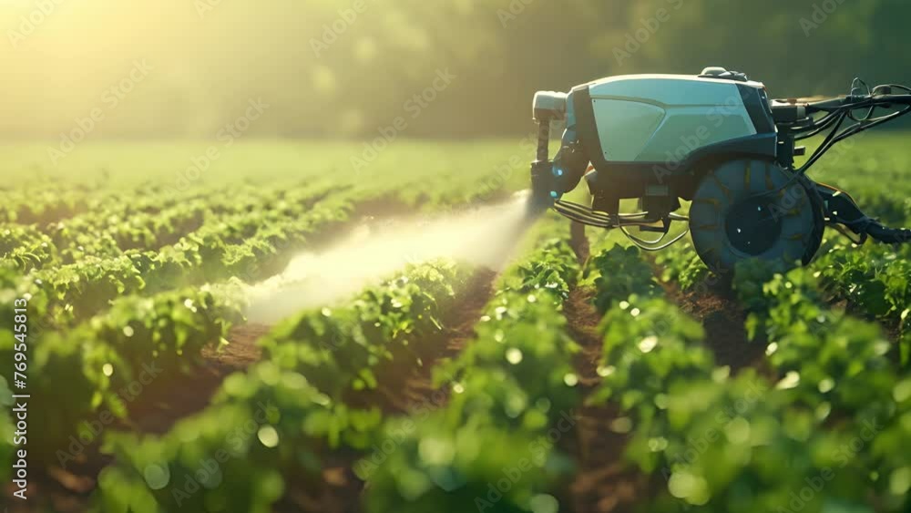 Smart robotic farmer spraying fertilizer on vegetable green plants, Agriculture technology, Farm automation Smart robotic farmer spraying fertilizer on vegetable green plants, Agriculture technology, Farm automation
