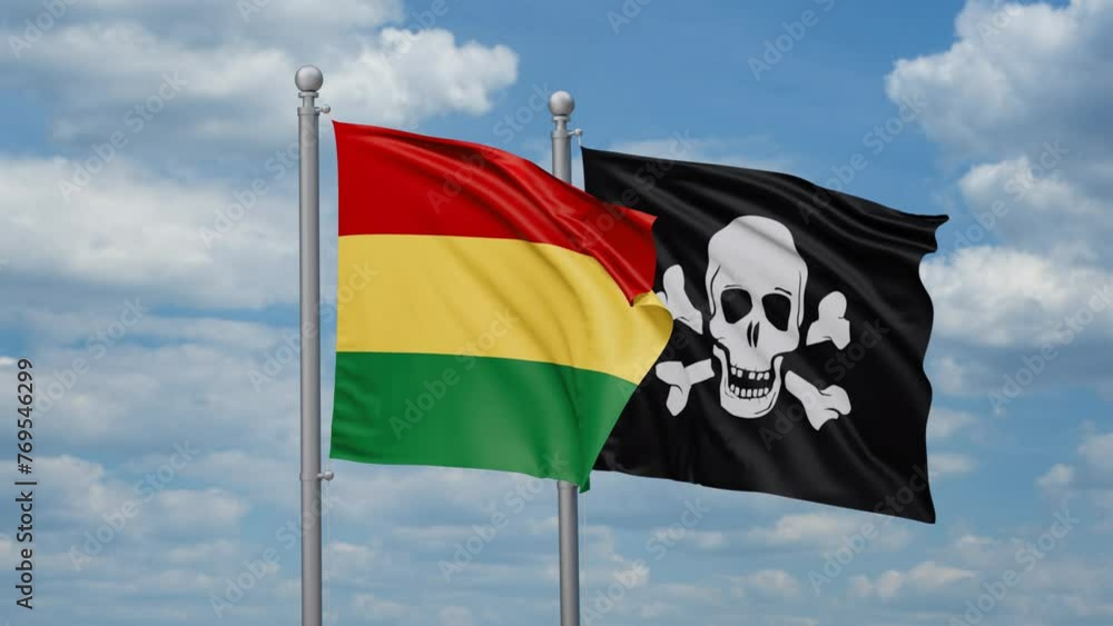Bolivia and Jolly Roger or pirate two flags waving together, looped video Bolivia and Jolly Roger or pirate two flags waving together, looped video