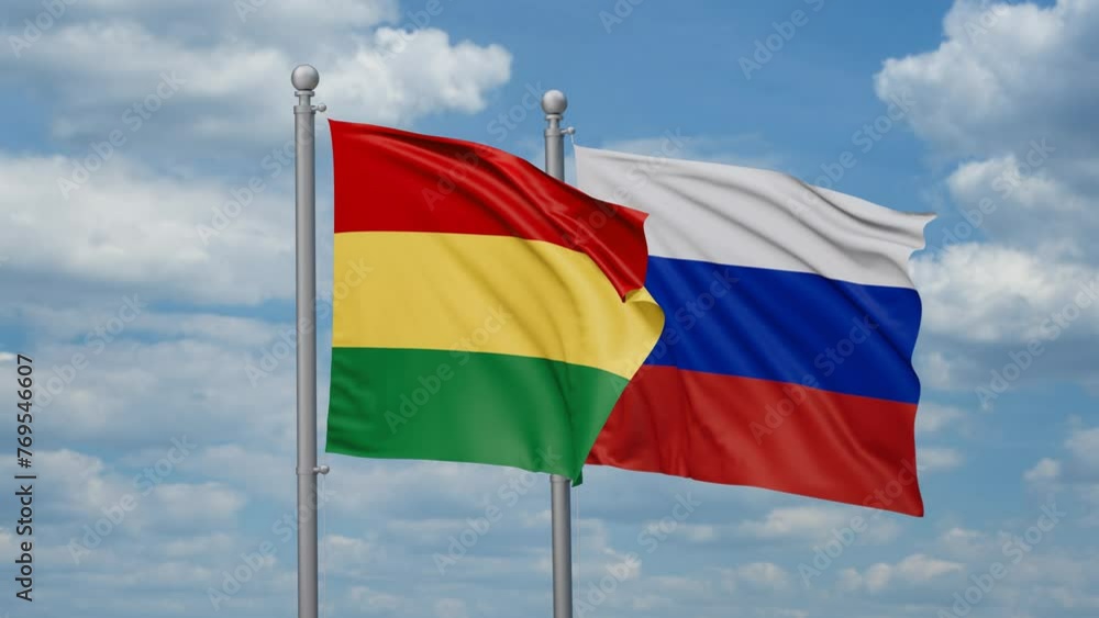 Russian Federation and Bolivia two flags waving together, looped video Russian Federation and Bolivia two flags waving together, looped video