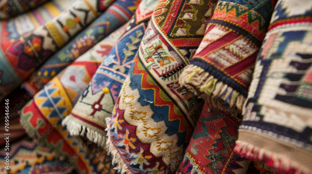 Close-up view of handwoven fabrics with detailed ethnic patterns and vivid color combinations Close-up view of handwoven fabrics with detailed ethnic patterns and vivid color combinations