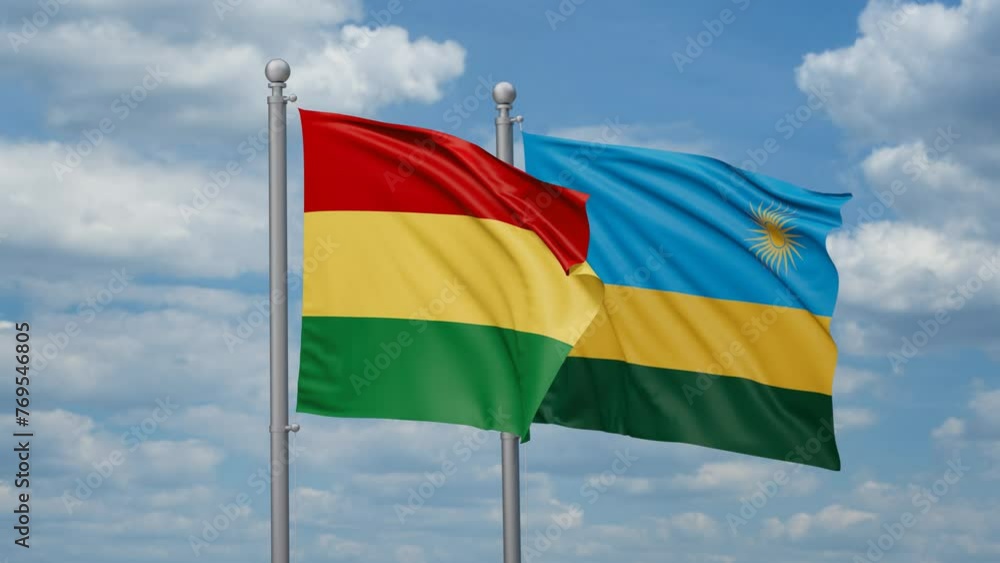 Republic of Rwanda and Bolivia two flags waving together, looped video, two country cooperation concept Republic of Rwanda and Bolivia two flags waving together, looped video, two country cooperation concept