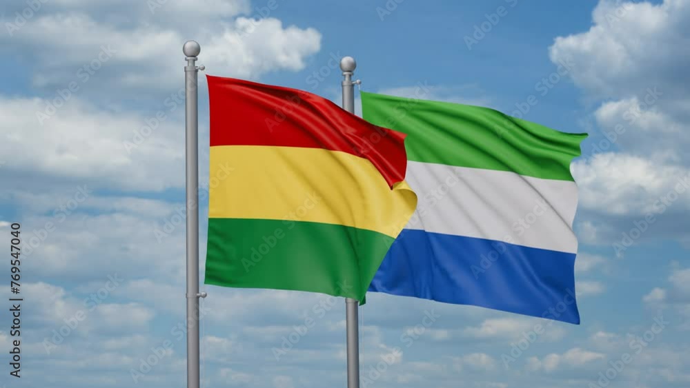 Sierra Leone or Salone and Bolivia two flags waving together, looped video, two country cooperation concept Sierra Leone or Salone and Bolivia two flags waving together, looped video, two country cooperation concept