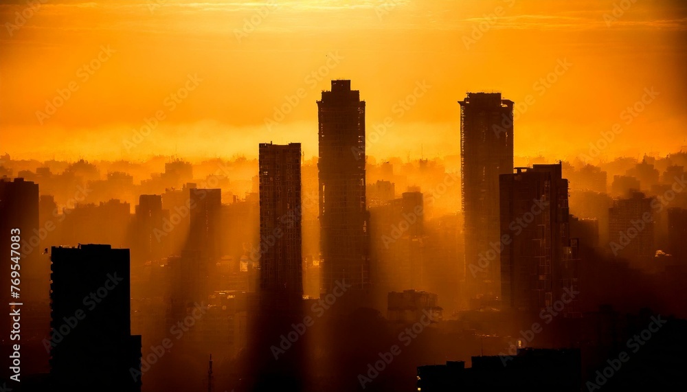 Golden hour  view of a city skyline at sunset, with buildings silhouetted in warm orange and yellow 