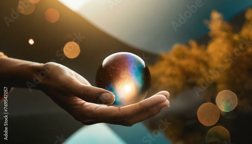 Crystal ball held by man, gazing into faint clouds with a lake in the background, symbolic of divination or fortune telling. photo