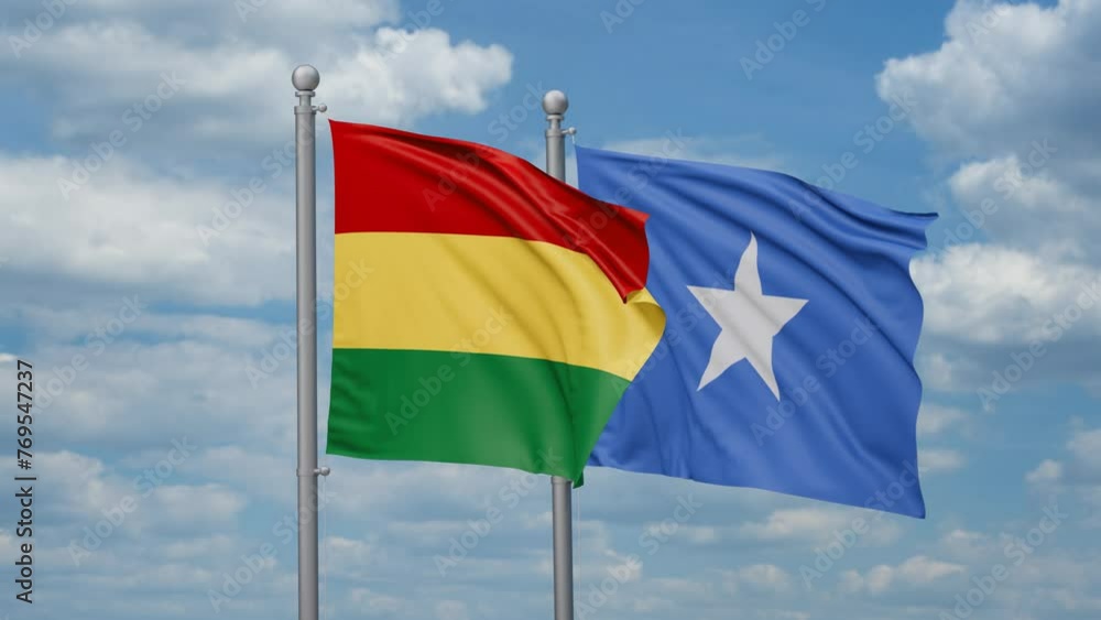 Somalia and Bolivia two flags waving together, looped video, two country cooperation concept Somalia and Bolivia two flags waving together, looped video, two country cooperation concept
