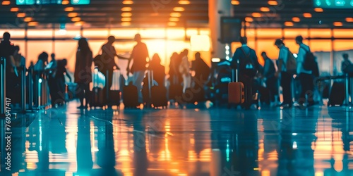 Crowded airport terminal with passengers waiting in line to check in showcasing the hustle and bustle of travel. Concept Travel, Airport, Passenger, Check-in, Crowded photo
