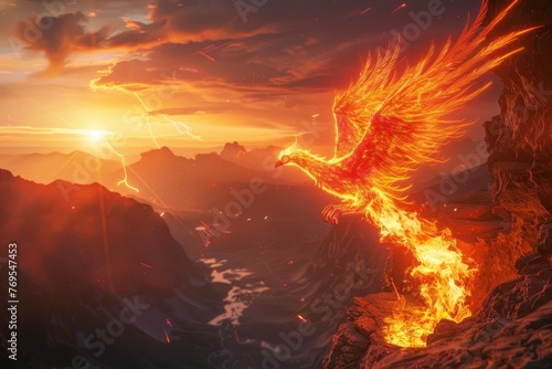 A majestic phoenix bursting into flames as it jumps from a mountaintop at sunrise