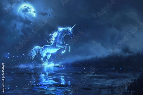 A graceful spiraled unicorn with bioluminescent fur