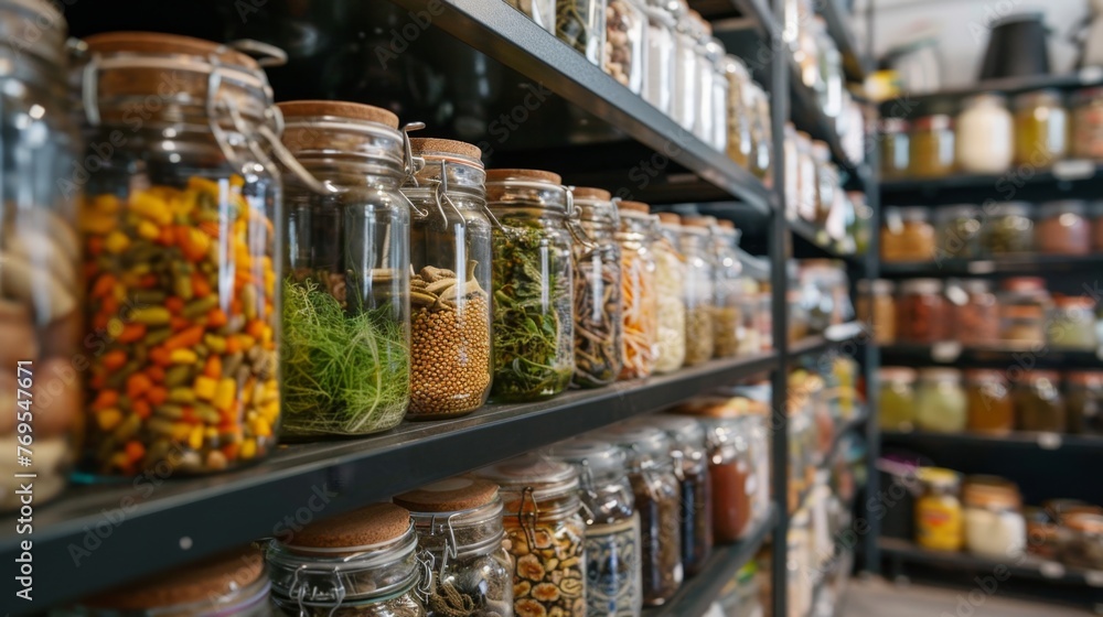 Shelf Filled With Jars of Various Foods Shelf Filled With Jars of Various Foods