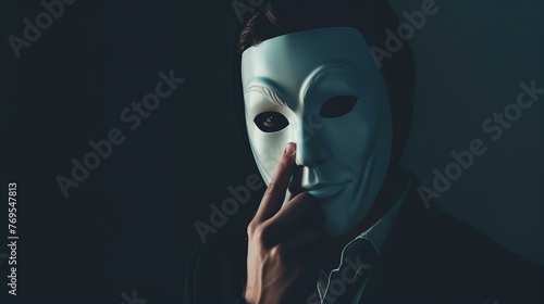 person wearing white mask, touching face, concept of shame, hypocrisy or hiding emotions