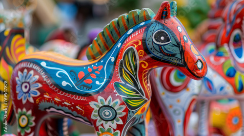 Close-up image capturing the elaborate detail and craftsmanship of a painted Swedish Dala Horse, a symbol of Swedish heritage and art