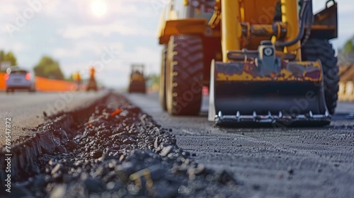 road construction work with bulldozer and roller