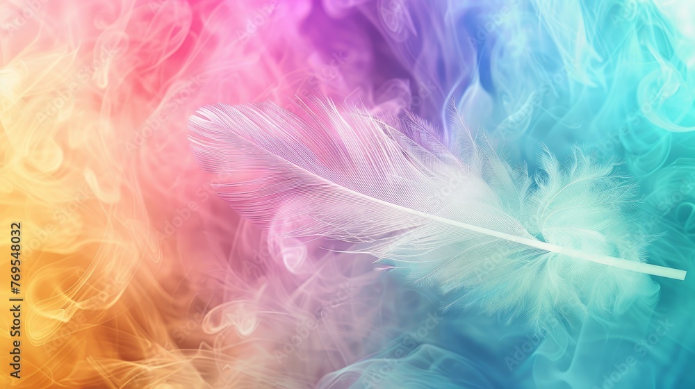 rainbow-colored feathers, up close with a focus on the fluffy white details
