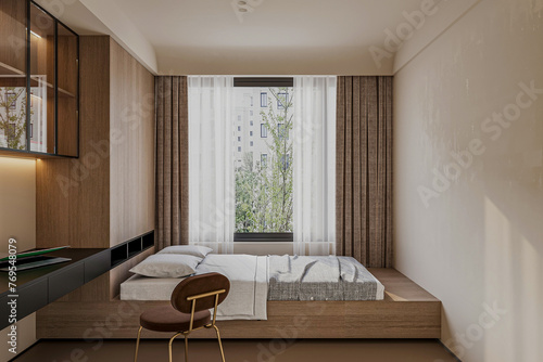 3d rendering nice contemporary wood bedroom next to the window