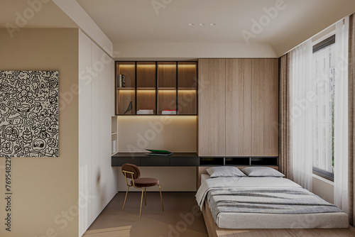 Elegant house bedroom interiors in a studio apartment © CGI