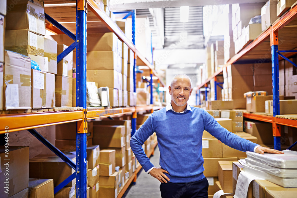 Portrait, boxes or man in printing factory for delivery order, storage or stock in warehouse or plant. Smile, happy mature manager or supply chain inspection for cargo, package or wholesale shipping Portrait, boxes or man in printing factory for delivery order, storage or stock in warehouse or plant. Smile, happy mature manager or supply chain inspection for cargo, package or wholesale shipping