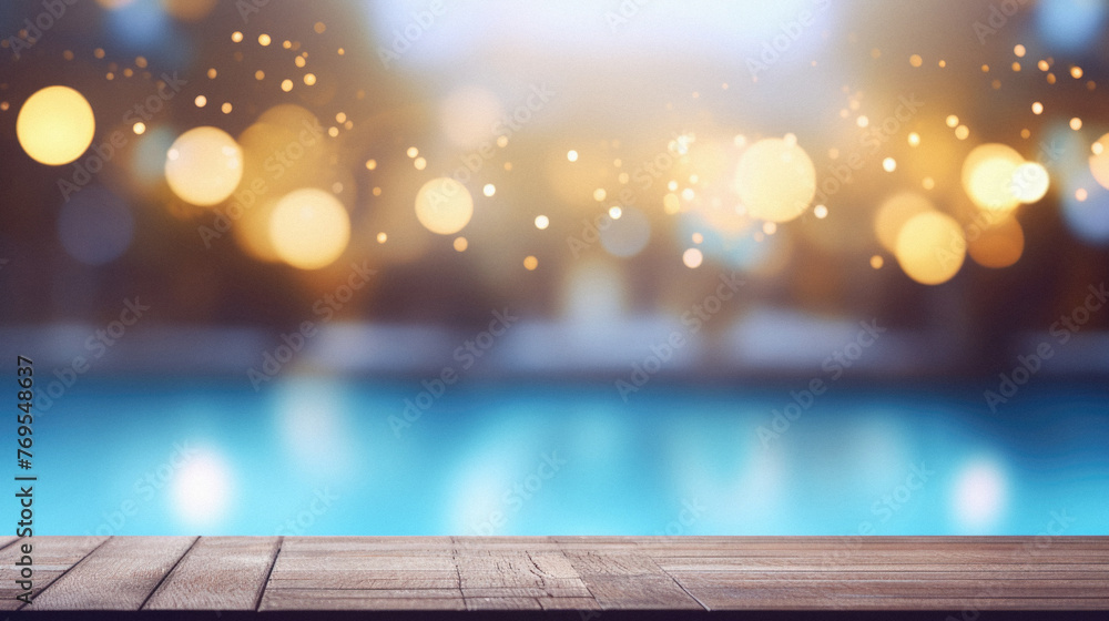 Wooden table pool bokeh background, empty wood desk product display mockup with blurry tropical hotel resort abstract poolside summer travel backdrop advertising presentation. Mock up, copy space . - obrazy, fototapety, plakaty 