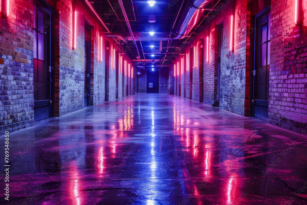 Fototapeta premium An atmospheric corridor with brick walls and vibrant neon lights creating a dramatic and stylish urban ambiance