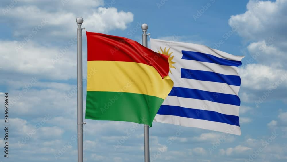 Uruguay and Bolivia two flags waving together, looped video, two country cooperation concept Uruguay and Bolivia two flags waving together, looped video, two country cooperation concept