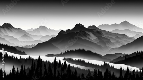 Wallpaper with forest and mountains, abstract texture, high contrast, minimalist graphics. Wallpaper in 4K resolution	

