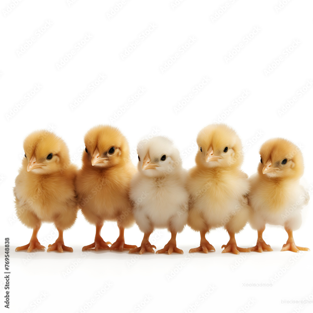 Five yellow chicks in a row isolated on transparent background.