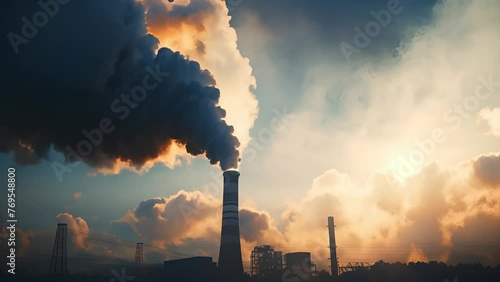 Smoke from the pipes of heat station. Smokestack pipes emitting co2 from coal thermal power plant into atmosphere. Air pollution and emission ecology problem photo