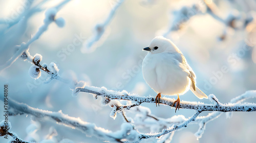Little cute fluffy white bird in hoarfrost on a branch under the snow in the Christmas park. Generative Ai © Handz