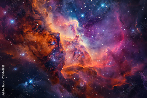 A vibrant depiction of a cosmic nebula, with a multitude of stars set against rich interstellar clouds in vivid hues