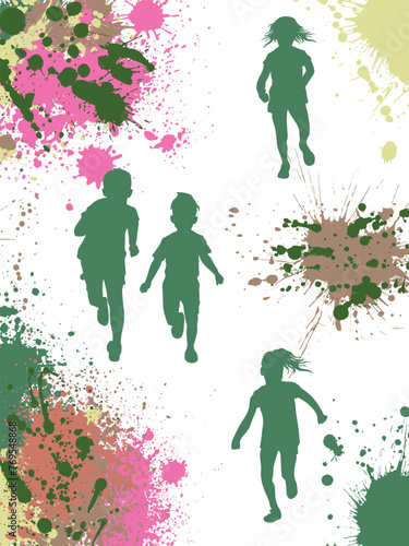 Silhouette of running children on background of color splashes and blots. Vector illustration
