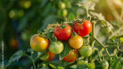 tomato plant with a cluster of tomatoes in various stages of ripening