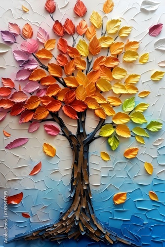 Fototapeta Naklejka Na Ścianę i Meble -  Colorful 3d tree mural with vibrant leaves and branches, elegant abstraction for interior wallpaper