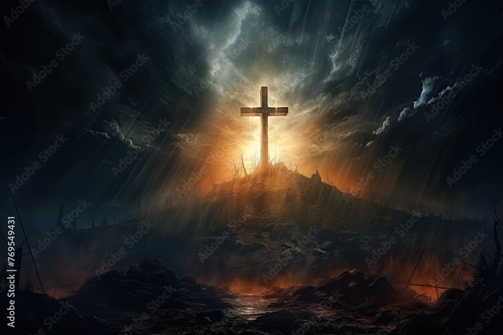 Cross on a hill symbolising death of Jesus Christ against sunset sky. With God rays in background. Ai Generative - obrazy, fototapety, plakaty 
