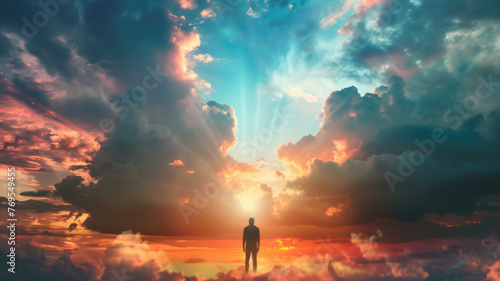 Silhouette of alone person looking at heaven. Lonely man standing in fantasy landscape made with AI © Pavithiran