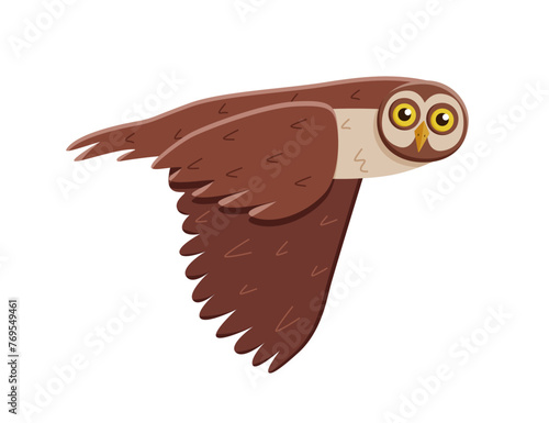 Cute funny owl with tilted leaned head in flight. Vector illustration of cartoon forest night birds.