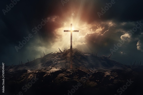 Cross on a hill symbolising death of Jesus Christ against sunset sky. With God rays in background. Ai Generative photo