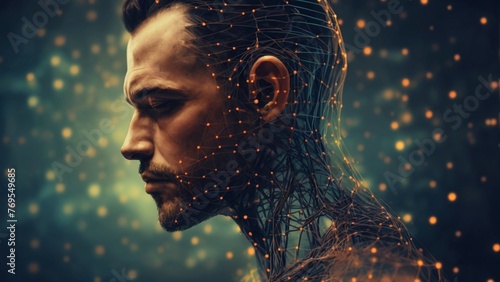 A man's head portrait with digital wireframe of lines and dots around his head. Future tech, ai, big data, web, cyborg, artificial intelligence illustration concept. 