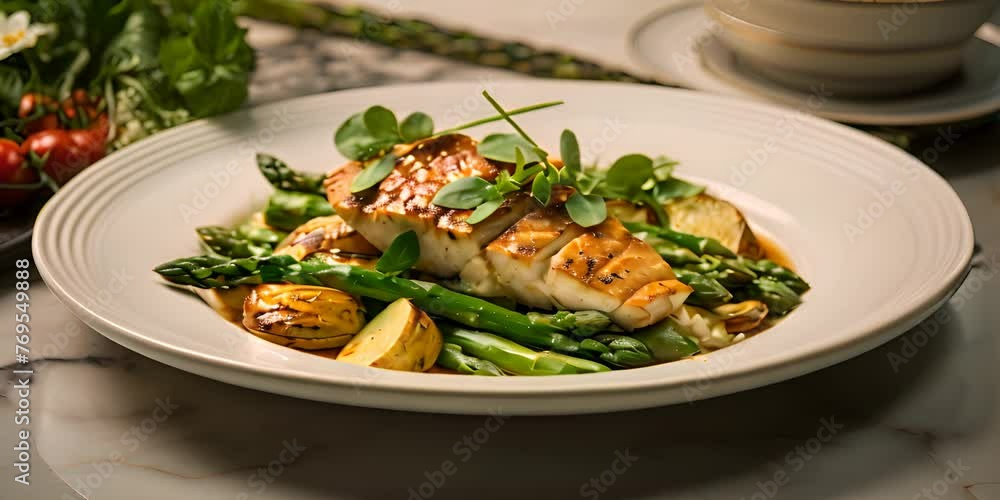 A plate of chicken, asparagus, potatoes, and green beans on a white plate on a marble table top with a marble surface. 4K Video A plate of chicken, asparagus, potatoes, and green beans on a white plate on a marble table top with a marble surface. 4K Video