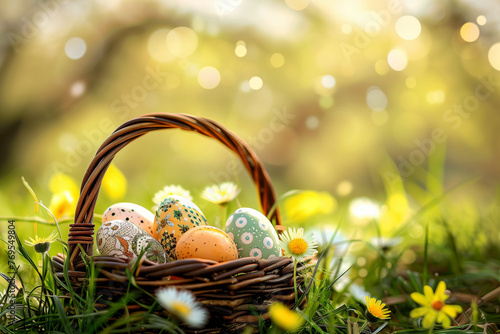 easter basket filled with easter eggs on grass