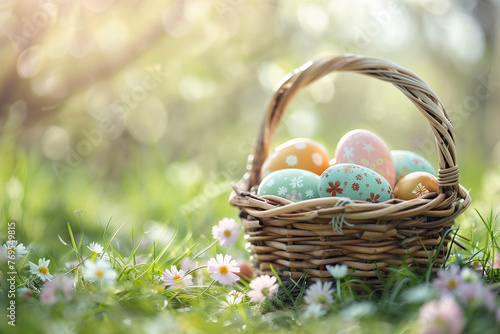 easter basket filled with easter eggs on grass