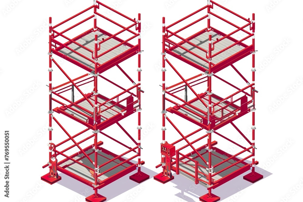 Three level of red isometric scaffolding frame with jack base and plate construction vector illustration. Three level of red isometric scaffolding frame with jack base and plate construction vector illustration.