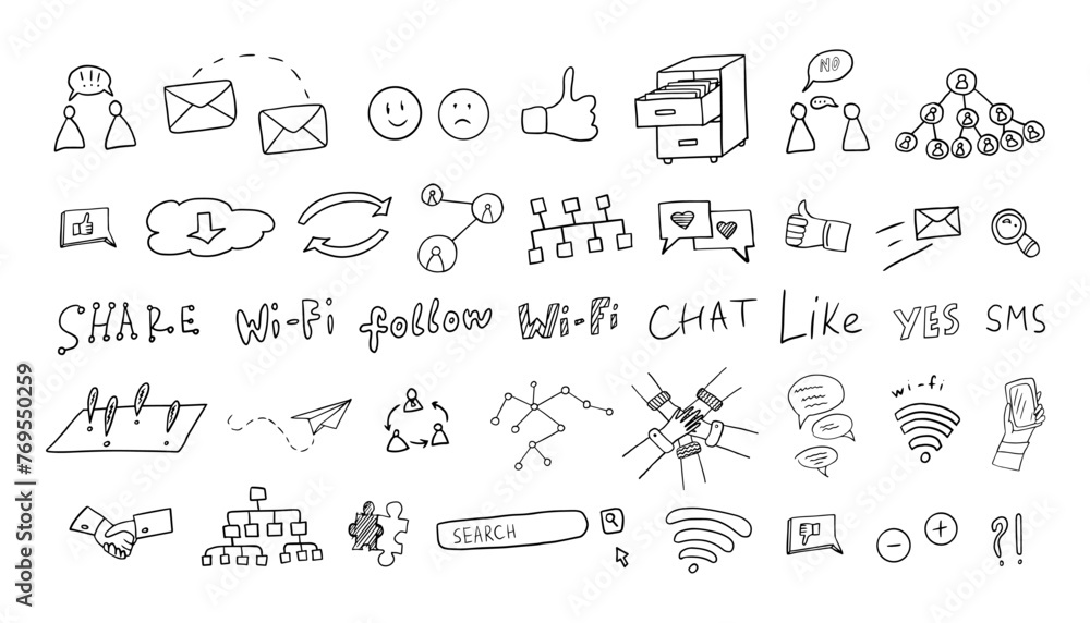 Set of social media elements in doodle style. Communication, follow, sms, share, internet, search, chat. Business. Hand drawn. Great for banner, posters, cards, stickers and professional design.