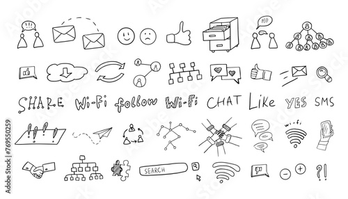 Set of social media elements in doodle style. Communication, follow, sms, share, internet, search, chat. Business. Hand drawn. Great for banner, posters, cards, stickers and professional design.